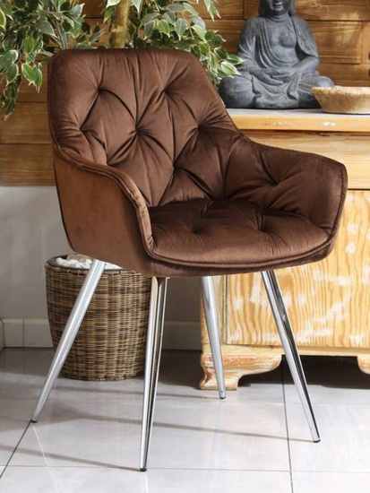 Krzesło fotelowe z podłokietnikami AURORA | brązowy welur, chromowane nogi, pikowana tapicerka