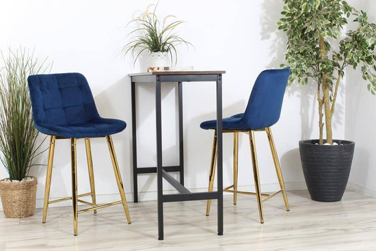 Welurowe krzesło barowe niskie PROXI pikowane granatowe na złotych nogach