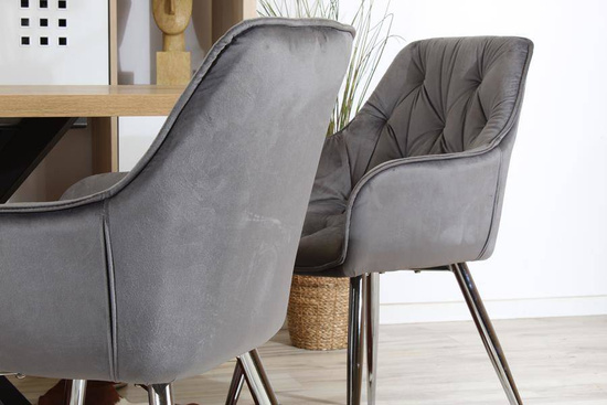 Krzesło fotelowe z podłokietnikami AURORA | szary welur, chromowane nogi, pikowana tapicerka
