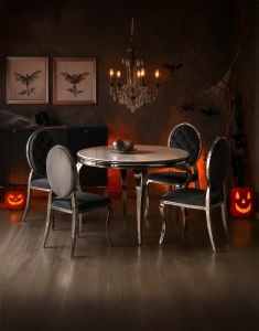 Zestaw glamour do jadalni stół okrągły REGINALD z 4 krzesłami K555 srebrny stelaż