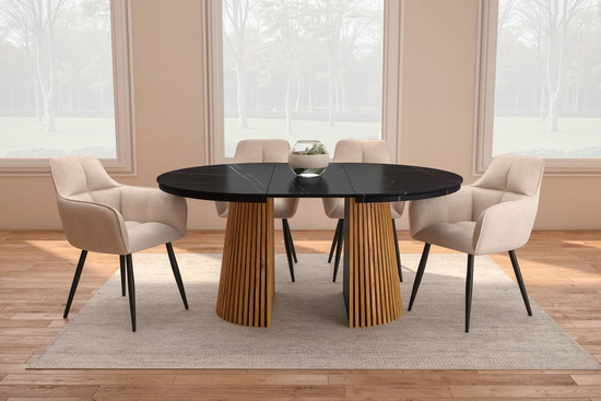 Nowoczesny okrągły stół rozkładany 120 cm w kolorze czarny / dąb z dekoracyjną podstawą    