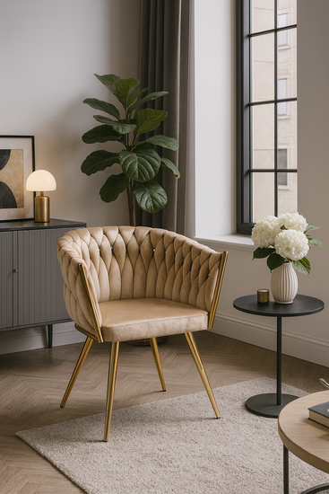 Welurowe krzesło plecione glamour ROSA | ciemny beż, złoty stelaż
