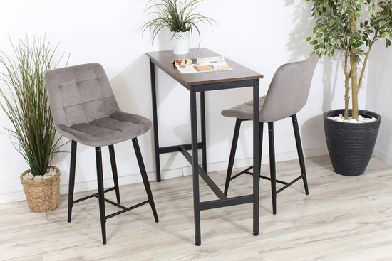 Welurowe krzesło do wyspy niskie PROXI pikowane szare na czarnych nogach