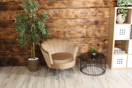 Fotel wypoczynkowy muszla VIDAL z weluru | tapicerka ciemny beż, srebrne nóżki