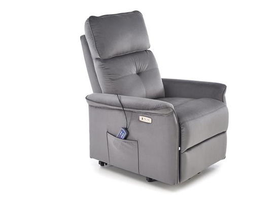 Fotel wypoczynkowy z funkcją elektrycznego rozkładania i gniazdem USB SEMIR 2 w popielatej tkaninie BLUVEL 14