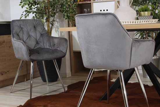 Krzesło fotelowe z podłokietnikami AURORA | szary welur, chromowane nogi, pikowana tapicerka