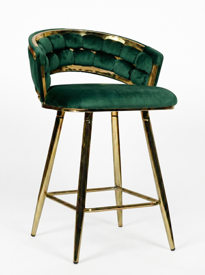 Krzesło barowe plecione półhoker TESSA VELVET zielony na złotym stelażu