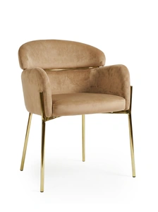 Krzesło z podłokietnikami glamour ze złotym łącznikiem LUNGO VELVET ciemny beż na złotym stelażu