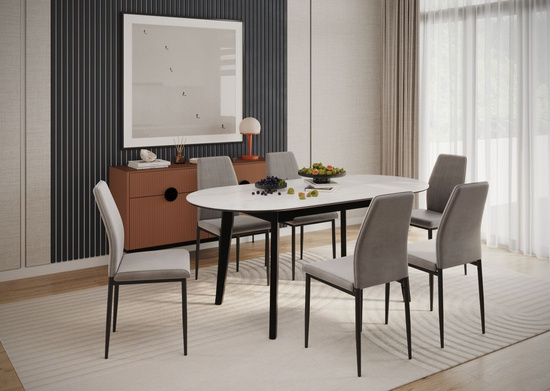 Stół rozkładany NOEL z białym marmurowym blatem i czarną podstawą