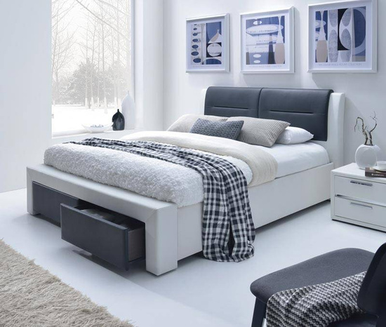 Nowoczesne łóżko tapicerowane z szufladami CASSANDRA S w rozmiarze 140 cm w kolorze czarno-białym