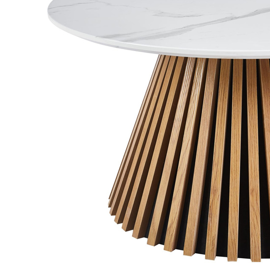 Elegancka ława okrągła 80 w kolorze biały marmur / dąb