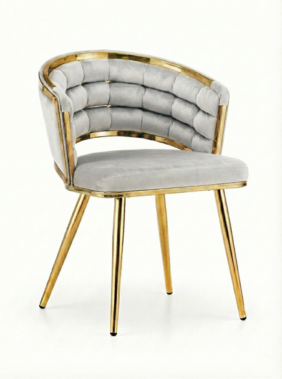 Welurowe krzesło z przeplatanym oparciem TESSA VELVET szare na złotym stelażu