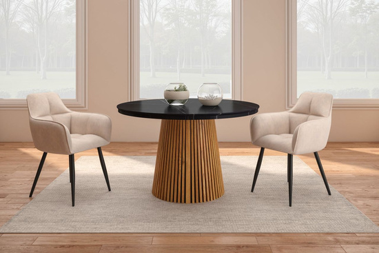 Nowoczesny okrągły stół rozkładany BLANES  120 cm w kolorze czarny / dąb z dekoracyjną podstawą    