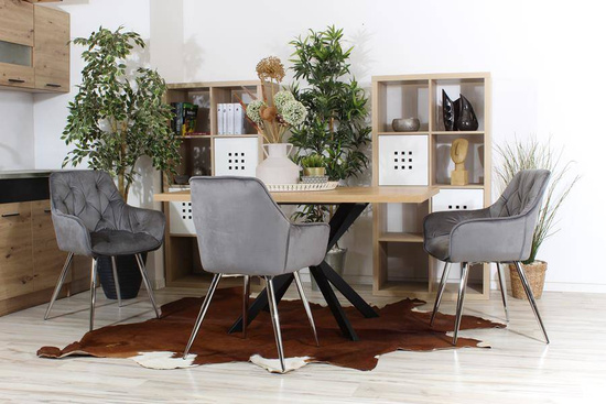 Krzesło fotelowe z podłokietnikami AURORA | szary welur, chromowane nogi, pikowana tapicerka