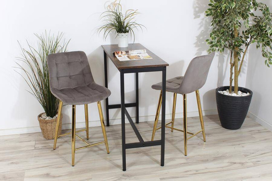 Welurowe krzesło barowe pikowane niskie PROXI szare na złotych nogach