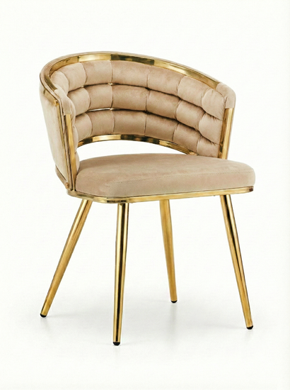 Welurowe krzesło z przeplatanym oparciem TESSA VELVET ciemny beż na złotym stelażu
