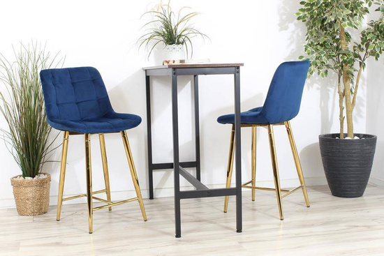 Welurowe krzesło barowe niskie PROXI pikowane granatowe na złotych nogach