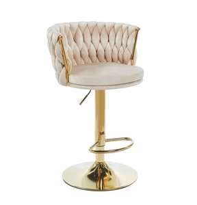 Welurowy hoker glamour ROSA 4 z beżową plecionką i złotym stelażem