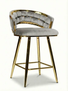 Krzesło barowe plecione półhoker TESSA VELVET szary na złotym stelażu