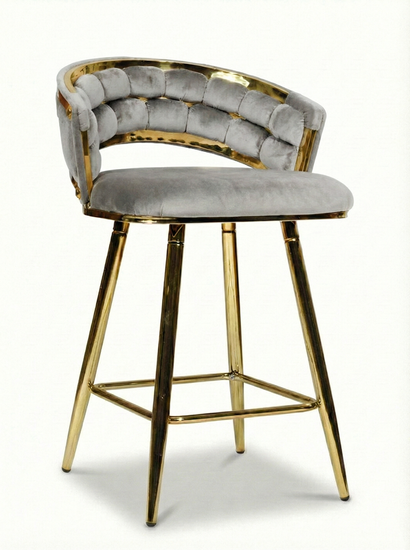 Krzesło barowe plecione półhoker TESSA VELVET szary na złotym stelażu