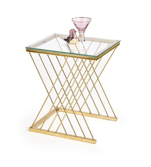 Nowoczesna ława NANCY w kolorze złotym z transparentnym blatem