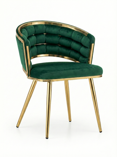 Welurowe krzesło z przeplatanym oparciem TESSA VELVET zielone na złotym stelażu