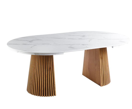 Nowoczesny okrągły stół rozkładany 120 cm w kolorze biały marmur / dąb z dekoracyjną podstawą    