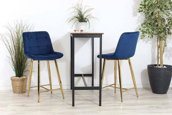 Welurowe krzesło barowe niskie PROXI pikowane granatowe na złotych nogach