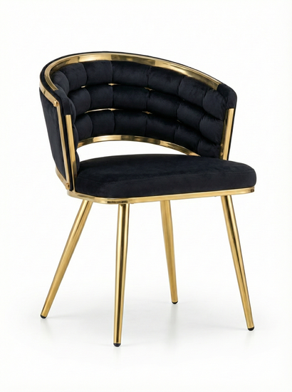 Welurowe krzesło z przeplatanym oparciem TESSA VELVET czarne na złotym stelażu