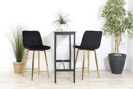 Welurowe krzesło barowe niskie PROXI pikowane czarne na złotych nogach