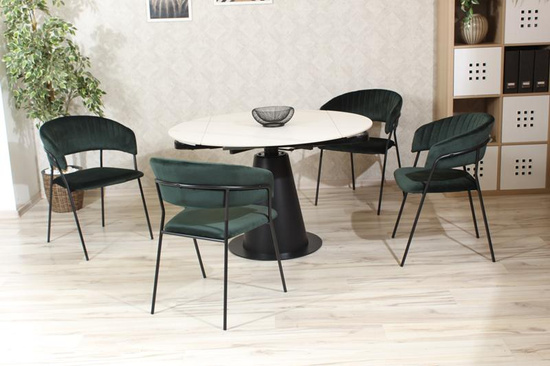 Okrógły stół rozkładany CALMARA z ceramicznym marmurowym blatem i czarną podstawą