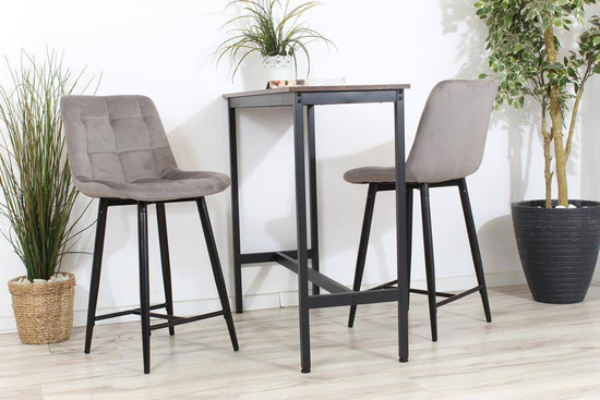 Welurowe krzesło do wyspy niskie PROXI pikowane szare na czarnych nogach