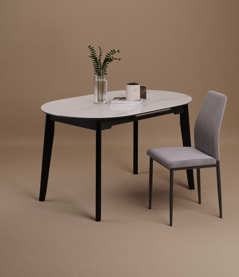 Stół rozkładany NOEL z białym marmurowym blatem i czarną podstawą