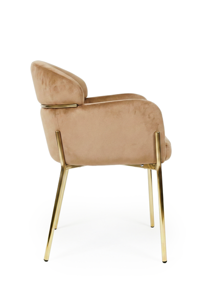 Krzesło z podłokietnikami glamour ze złotym łącznikiem LUNGO VELVET ciemny beż na złotym stelażu