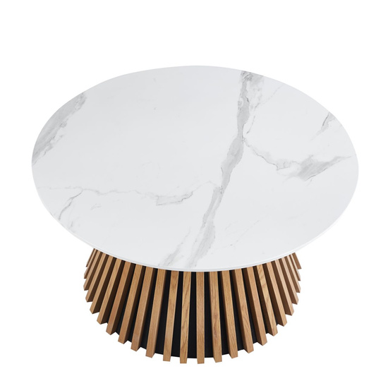 Elegancka ława BLANES okrągła 80 w kolorze biały marmur / dąb