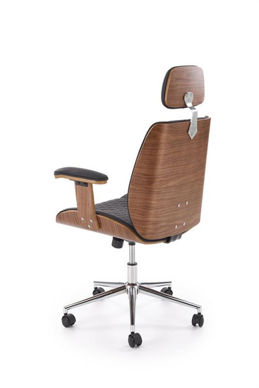 Fotel gabinetowy TIMBER orzechowe wykończenie z czarną tapicerką z ekoskóry