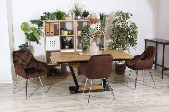 Krzesło fotelowe z podłokietnikami AURORA | brązowy welur, chromowane nogi, pikowana tapicerka