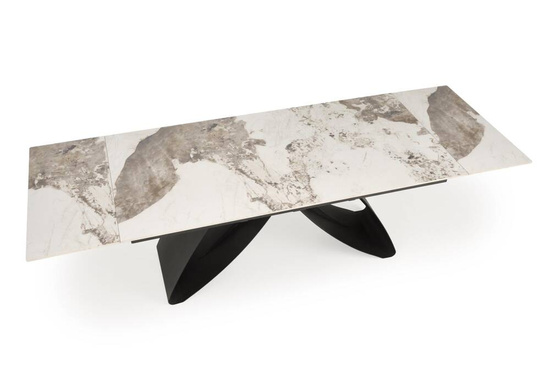 Zestaw modernistyczny stół do jadalni rozkładany HILARIO + 4 krzesła K542z obrotowym siedziskiem beżowy blat ze spieku i czarne nogi