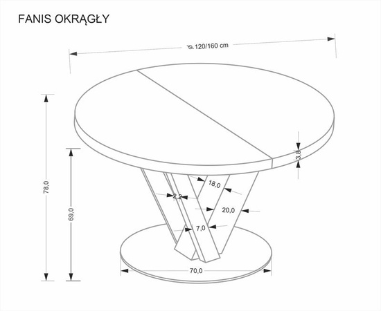 Okrągły stół rozkładany FANIS dębowy blat czarne nogi 120–160 cm
