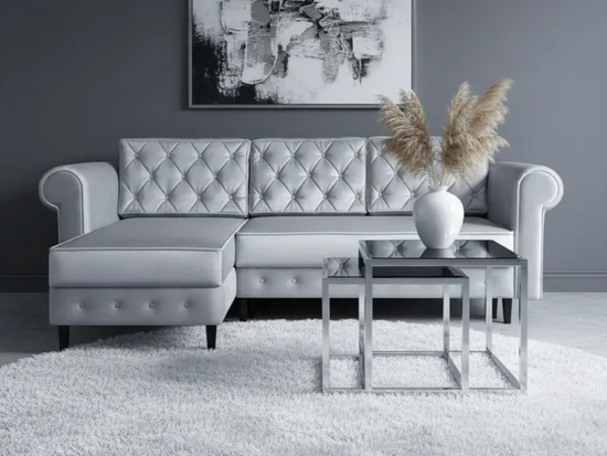 Elegancki narożnik tapicerowany NANCY z pojemnikiem na pościel i funkcją rozkładania