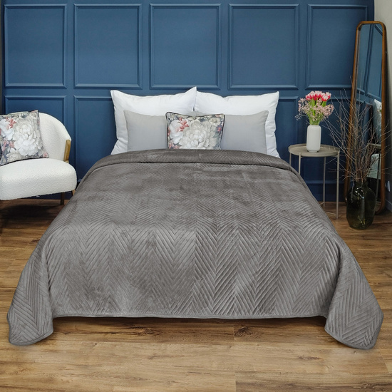 Welurowa narzuta na łóżko CADEN 01 szara jodełka 70 x 160