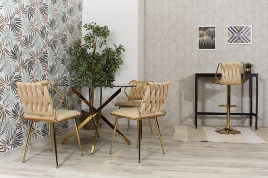 Krzesło glamour plecione ERGO beżowy welur na złotym stelażu