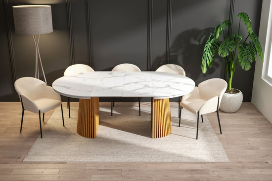 Nowoczesny okrągły stół rozkładany BLANES 120 cm w kolorze biały marmur / dąb z dekoracyjną podstawą