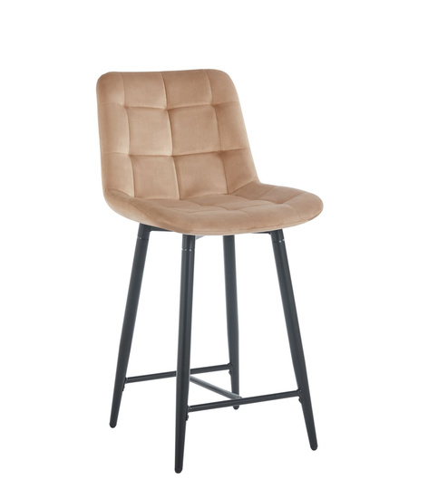 Welurowe krzesło do wyspy niskie PROXI pikowane ciemny beż na czarnych nogach