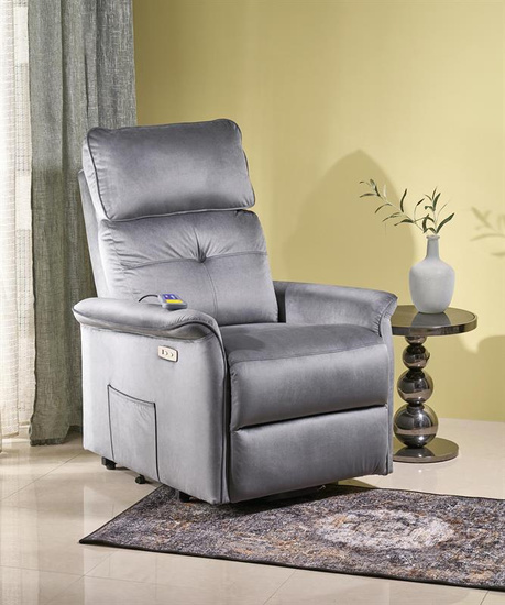 Fotel wypoczynkowy z funkcją elektrycznego rozkładania i gniazdem USB SEMIR 2 w popielatej tkaninie BLUVEL 14