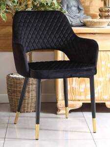 Eleganckie krzesło do jadalni z przeszyciami FRANCO A czarne na czarno-złotych nogach