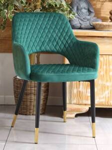 Eleganckie krzesło do jadalni z przeszyciami FRANCO zielone na czarno-złotych nogach