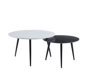 Komplet dwóch okrągłych stolików z ceramicznymi blatami STONES biały + czarny marmur