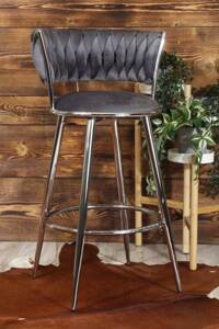 Welurowe krzesło barowe glamour ROSA 2 | szara plecionka, srebrny stelaż