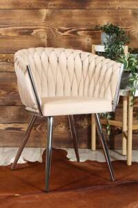 Welurowe krzesło glamour ROSA | beżowa plecionka, srebrny stelaż